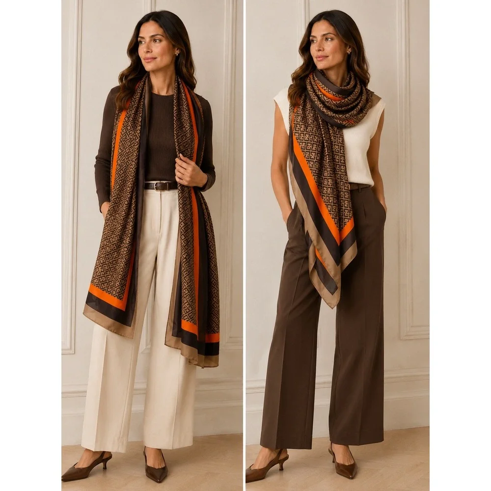 NWT Oversized Scarf Wrap Brown Orange Geometric Print Silky Feeling  72x33